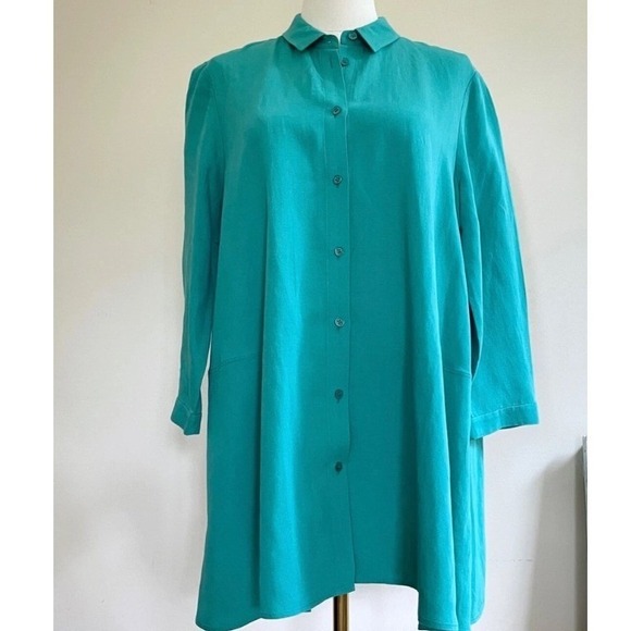 Lafayette 148 New York Women Tunic Silk Linen Top Button XL Teal Green Lagenlook - Picture 2 of 6